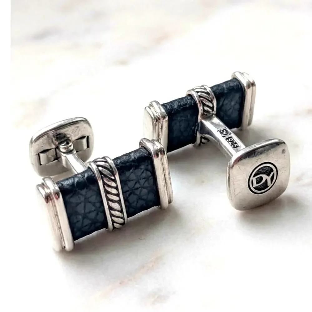 David Yurman Leather & Sterling Silver 925 Cufflinks